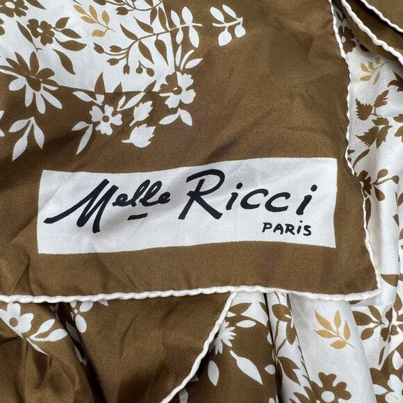 Melle Ricci Square Scarf‎ 100% Silk Brown Cream Gold Floral Bandanna 31" Paris - Picture 10 of 11
